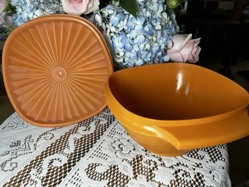 Vintage Tupperware Orange, Servalier Bowl, 838 and lid ,storage container